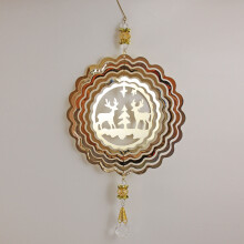 Festive Christmas Laser Cut Metal Hanging Turning Decoration with Reindeer - Gold