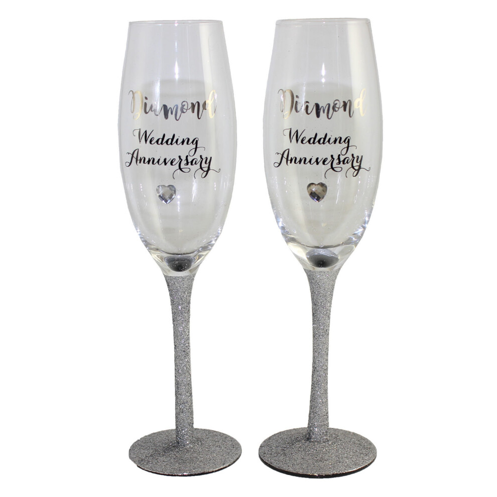 Set of 2 Anniversary Champagne Flutes with Glitter Stem - Diamond Wedding Anniversary