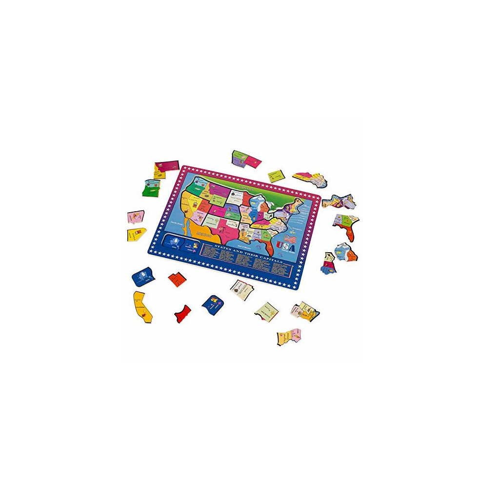 Puzzle en bois Wondertoys 46 pi?ces - Carte des ?tats-Unis ?ducative pour enfants, g?ographie amusante pour gar?ons et filles.