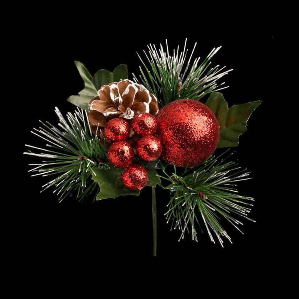 Christmas Glitter Ball, Berry Pine Cone Spray Stem - Red