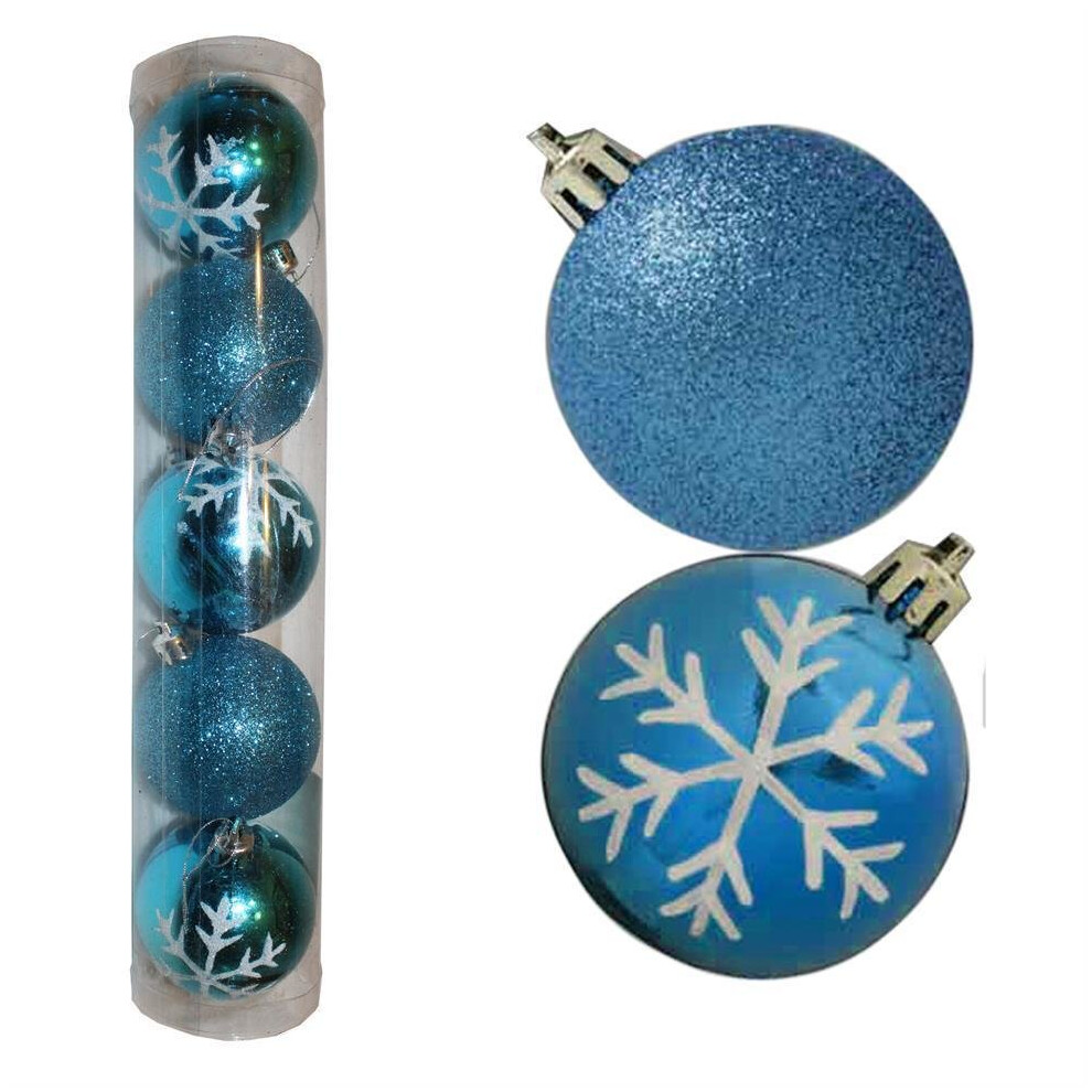 Christmas Decoration 5 Pack 60mm Snowflake & Glitter Baubles - Blue