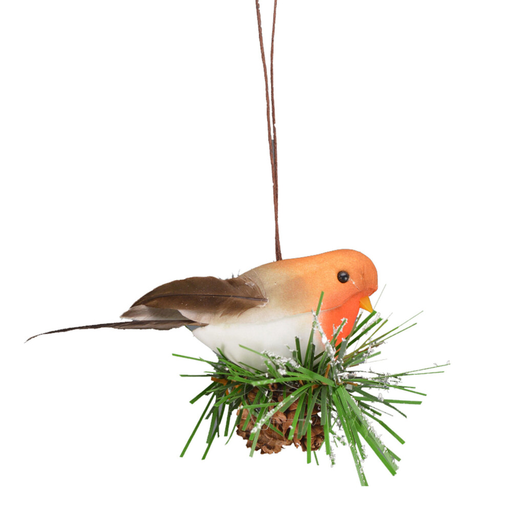 Christmas Decoration 8cm Robin on Snowy Pine with Feathers