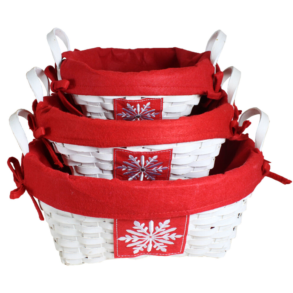 Set of 3 Red and White Christmas Baskets with Handles