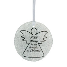 Silver Glittery Glass Memorial Angel Christmas Tree Hanger - Son