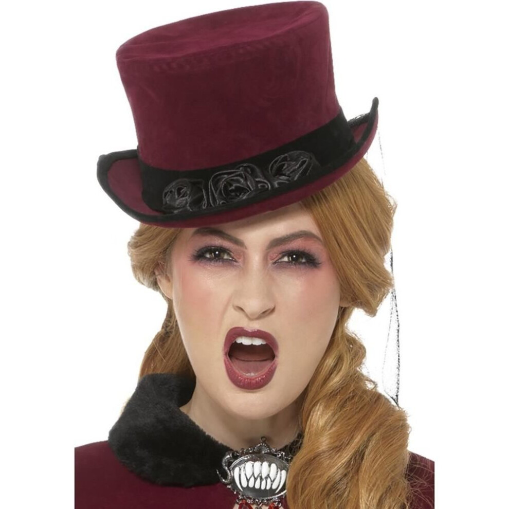 Smiffy's Deluxe Victorian Vampiress Hat, Burgundy, With Veil Purple