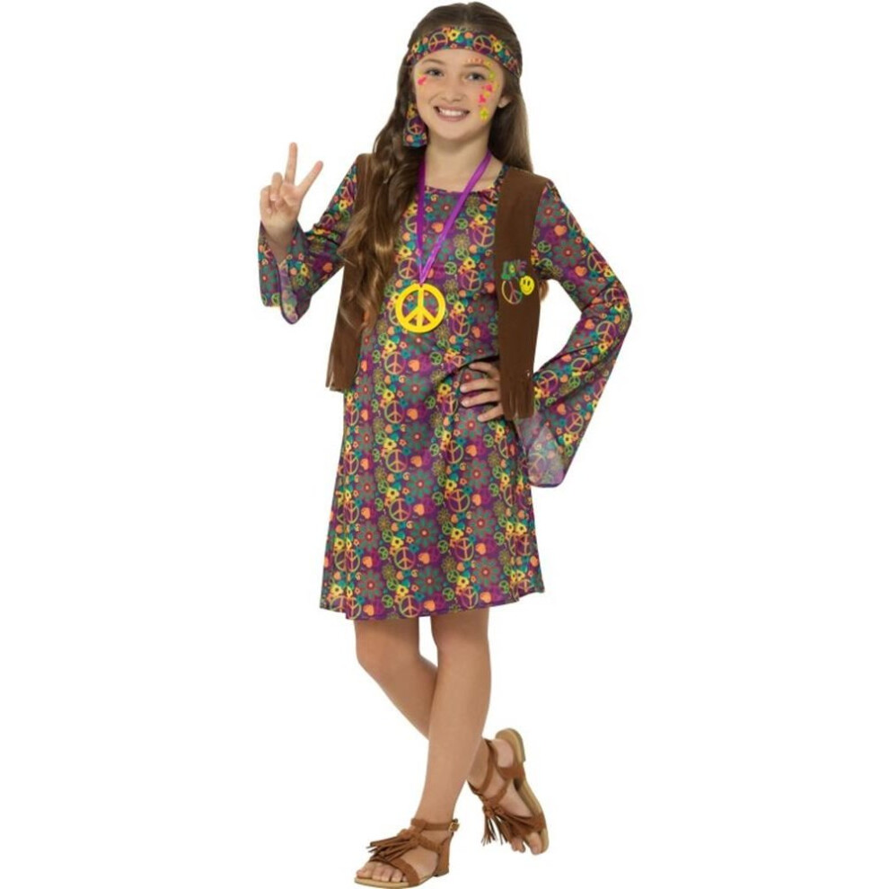 Smiffy's Hippie Girl Costume, With Dress, Girls Fancy Dress, Large Age 10-12 Multicoloured