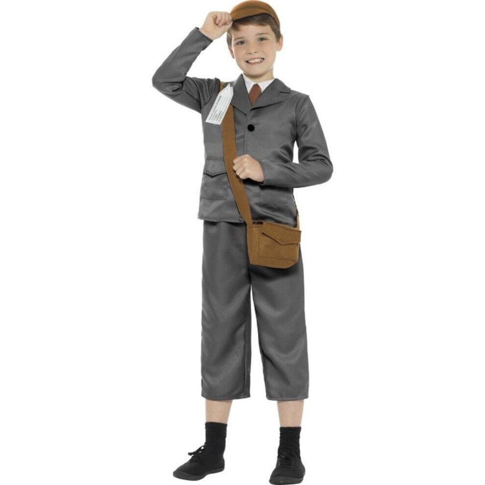 WW2 Evacuee Boy Costume, Grey, with Jacket, Trousers, Mock Shirt, Bag, Hat & Name Tag