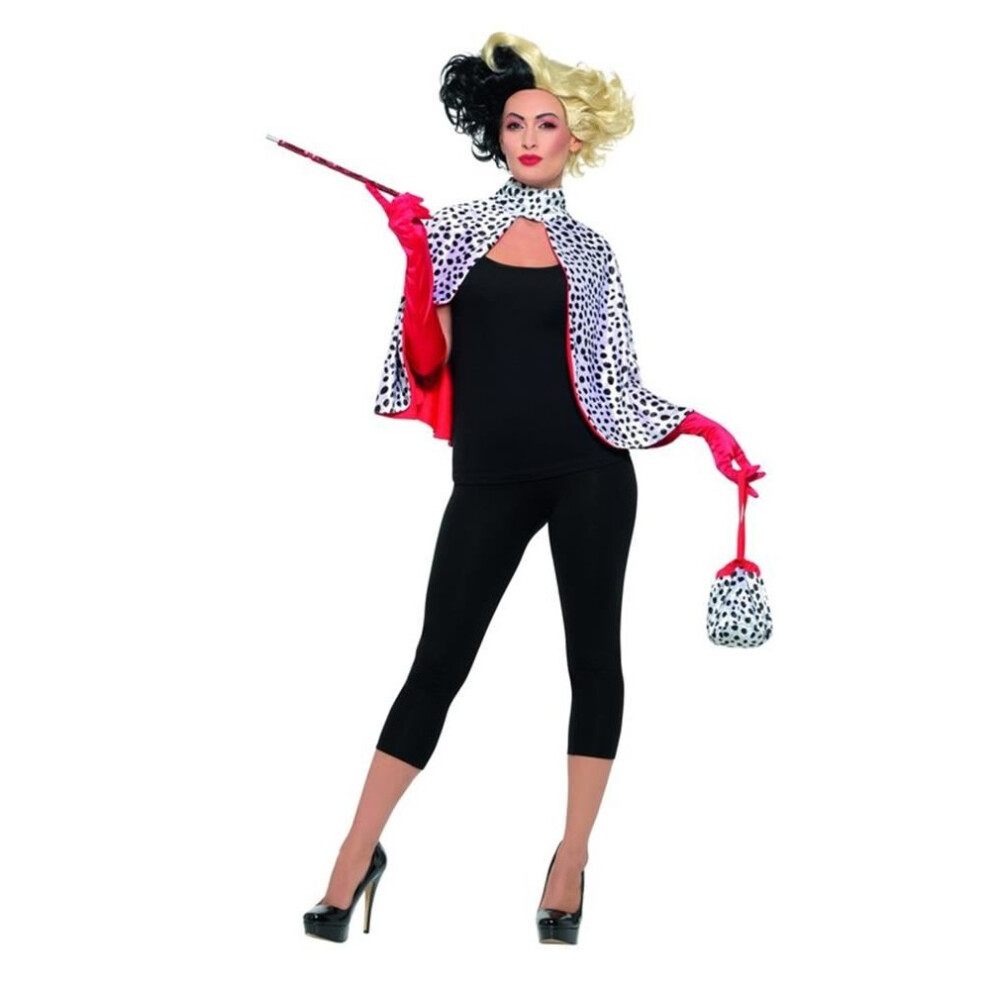 Deluxe Evil Madame Cruella Deville Kit, Cape,Gloves,Bag,Cig,Fancy Dress