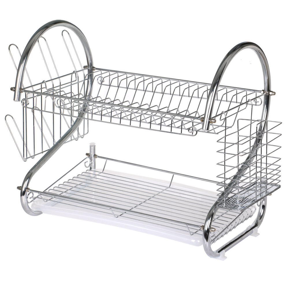 TRIXES Chrome Plated 2 Tier Kitchen Drying Rack for Plates Bowls Mugs & Cutlery