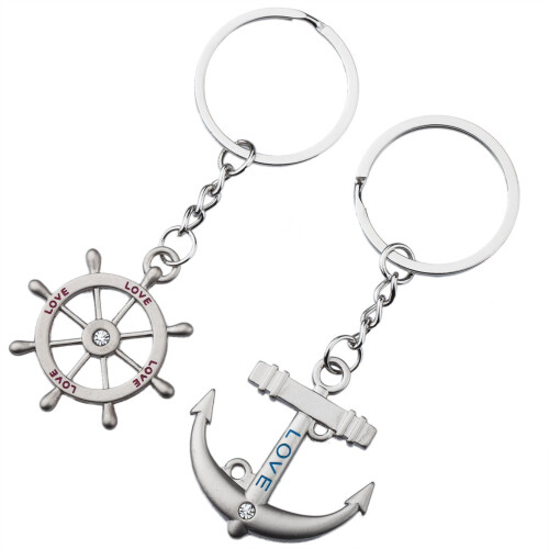 TRIXES Silver Cute Love Anchor and Rudder Keyrings Romantic Gift Marine Boat Chain