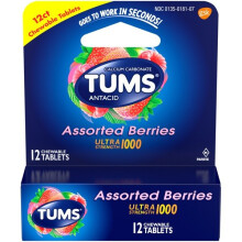 TUMS Ultra Strength Antacid 1000mg Calcium Carbonate Assorted Berries, 12 Chewable Tablets