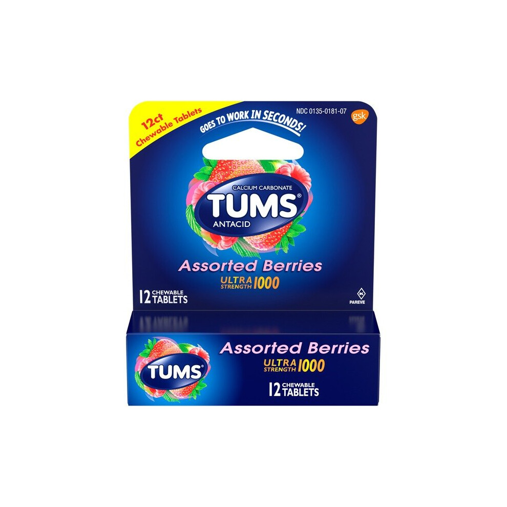 Tums Ultra Strength Antacid 1000Mg Calcium Carbonate Assorted Berries, 12 Chewable Tablets