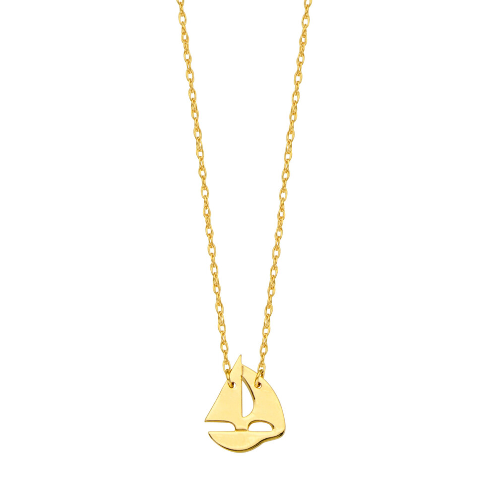 JAMF029811-14Y: 14K Yellow Gold Mini Sailing Boat Pendant Necklace, 16-18 in Adjustable Rope Chain