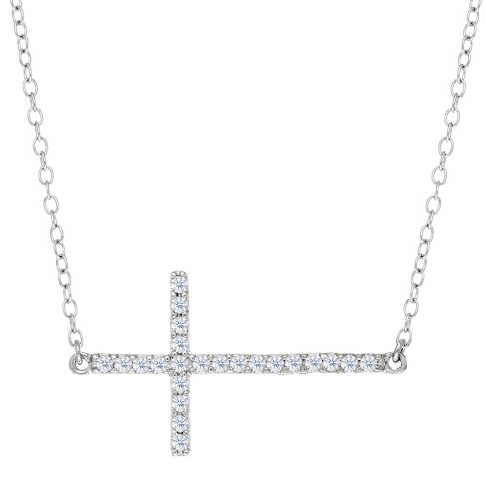 Sideways Cross And CZ Necklace In Sterling Silver, 18