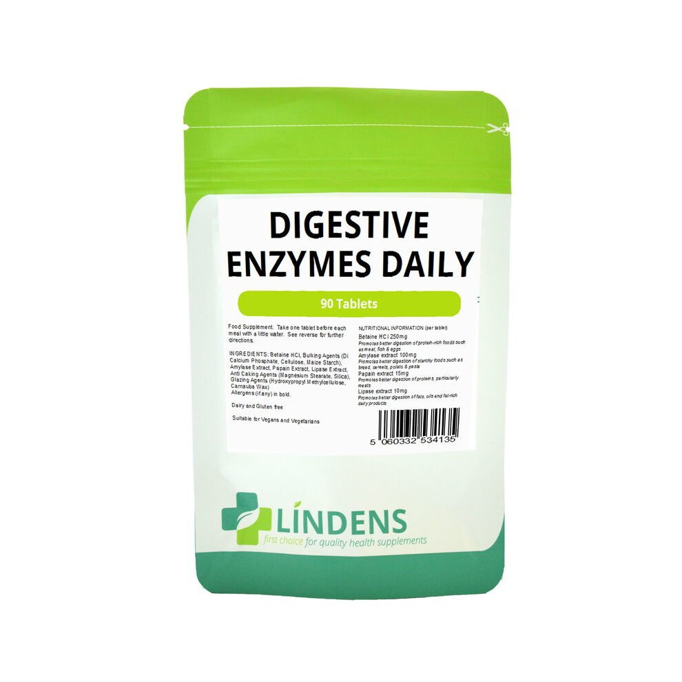 Lindens Digestive Enzymes Daily 90 Tablets W/ Betaine Hcl Amylase Papain Lipase