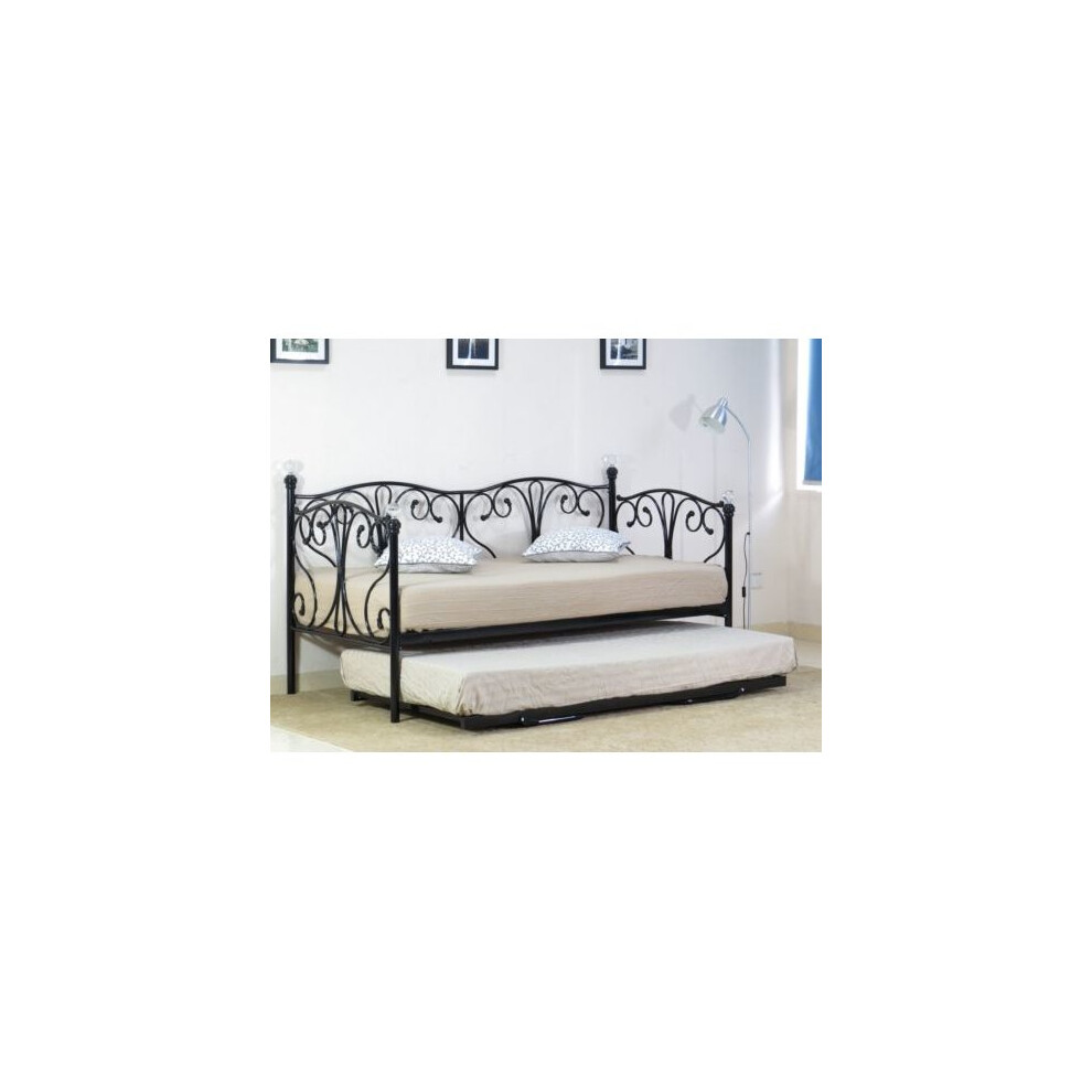 Comfy Living (2Ft6 Small Single, ) Geovana Metal Day Bed With Crystal Finials With Trundle Option Black
