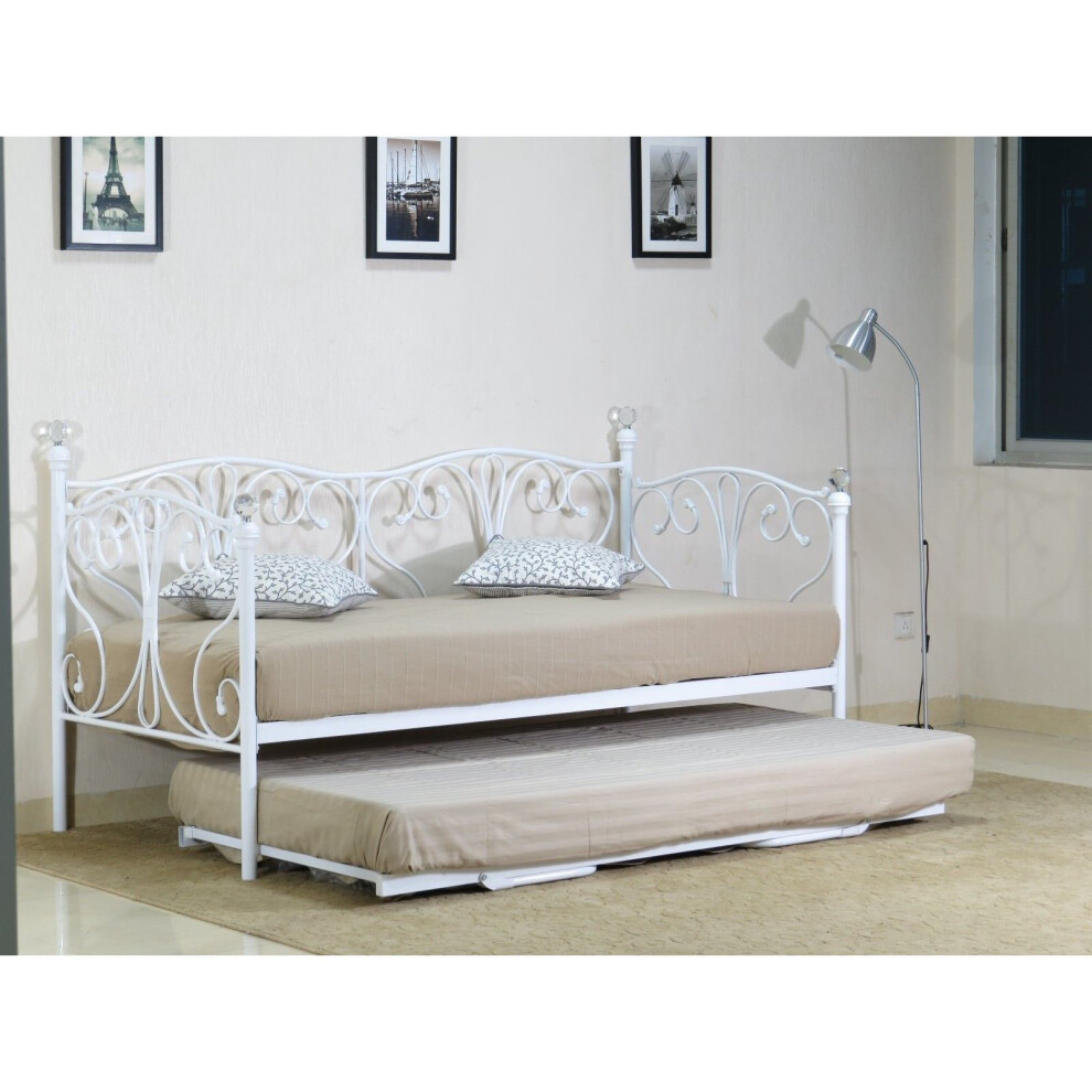 (2ft6 small single, White) Geovana  Metal Day Bed With Crystal Finials with Trundle Option