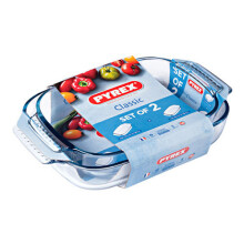 Pyrex Classic 2-Piece Rectangular Roaster Set - Borosilicate Glass Thermal Shock Resistant to 220C, Microwave/Oven/Dishwasher Safe 30x23 cm & 35x23 cm