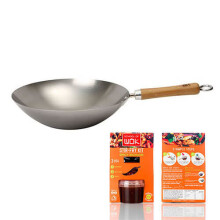 Wok - Dexam - Escola de Wok - Aço carbono - 30 cm - Fundo plano - Cabos em bambu