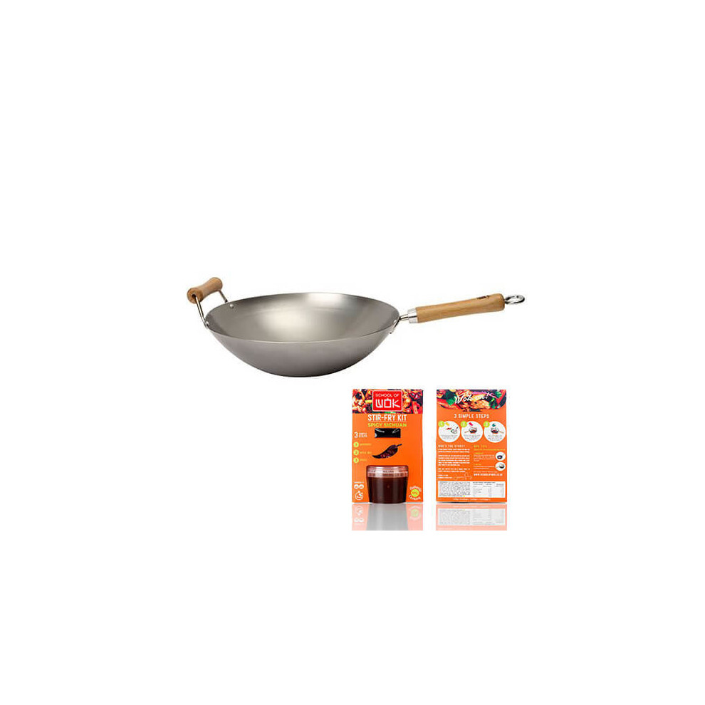 school of Wok "Wok Star" Carbon Steel Wok, Silver, 14-Inch