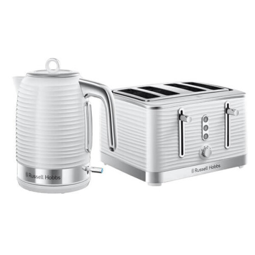 Russell Hobbs Inspire Kettle & 4-Slice Toaster Set - White with Blue LED, 1.7L 2400W Kettle & Variable Browning Toaster