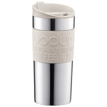 Bodum Vacuum Travel Mug, Stainless Steel with White Lid and Band, Small, 0.35 l, 12 oz