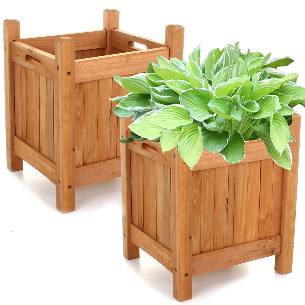 (2 x Square Planters) GEEZY Set of 2 Wooden Garden Planters Flower Plant Pot Window Box Raised Bed Basket
