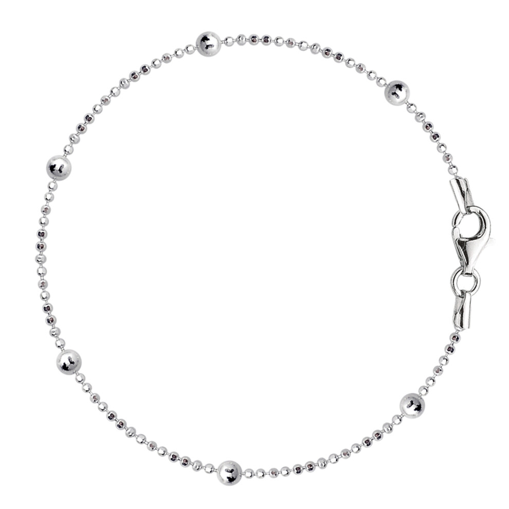(10, White) Bead Link Chain Anklet In Sterling Silver