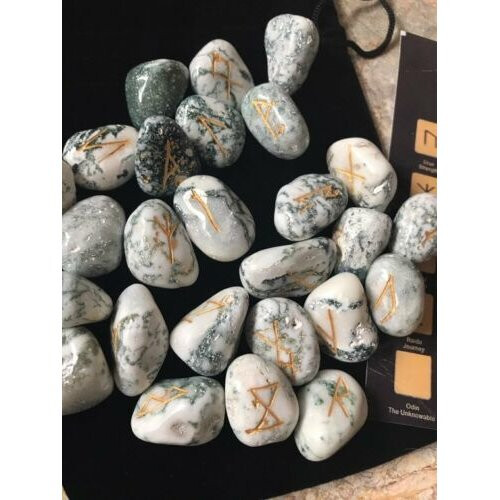 Rune Stones - Tree Agate Crystal Divination Runes Pouch Symbol Sheet