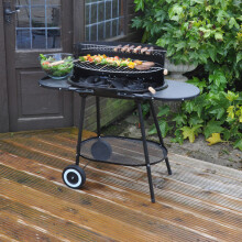 LARGE OVAL CHARCOAL BBQ STEEL TROLLEY GARDEN BARBECUE GRILL SIDE TABLES METAL