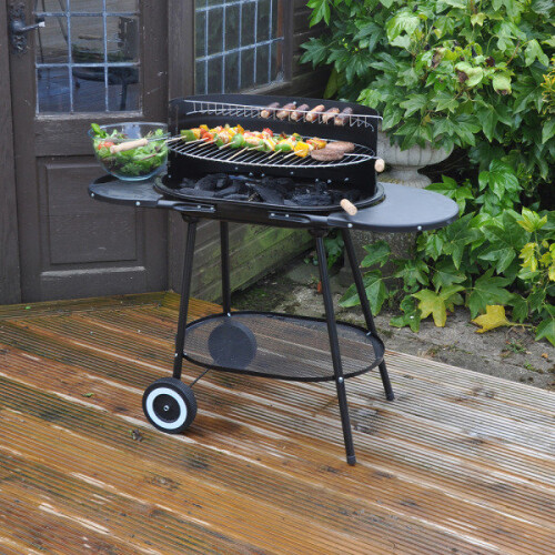 LARGE OVAL CHARCOAL BBQ STEEL TROLLEY GARDEN BARBECUE GRILL SIDE TABLES METAL