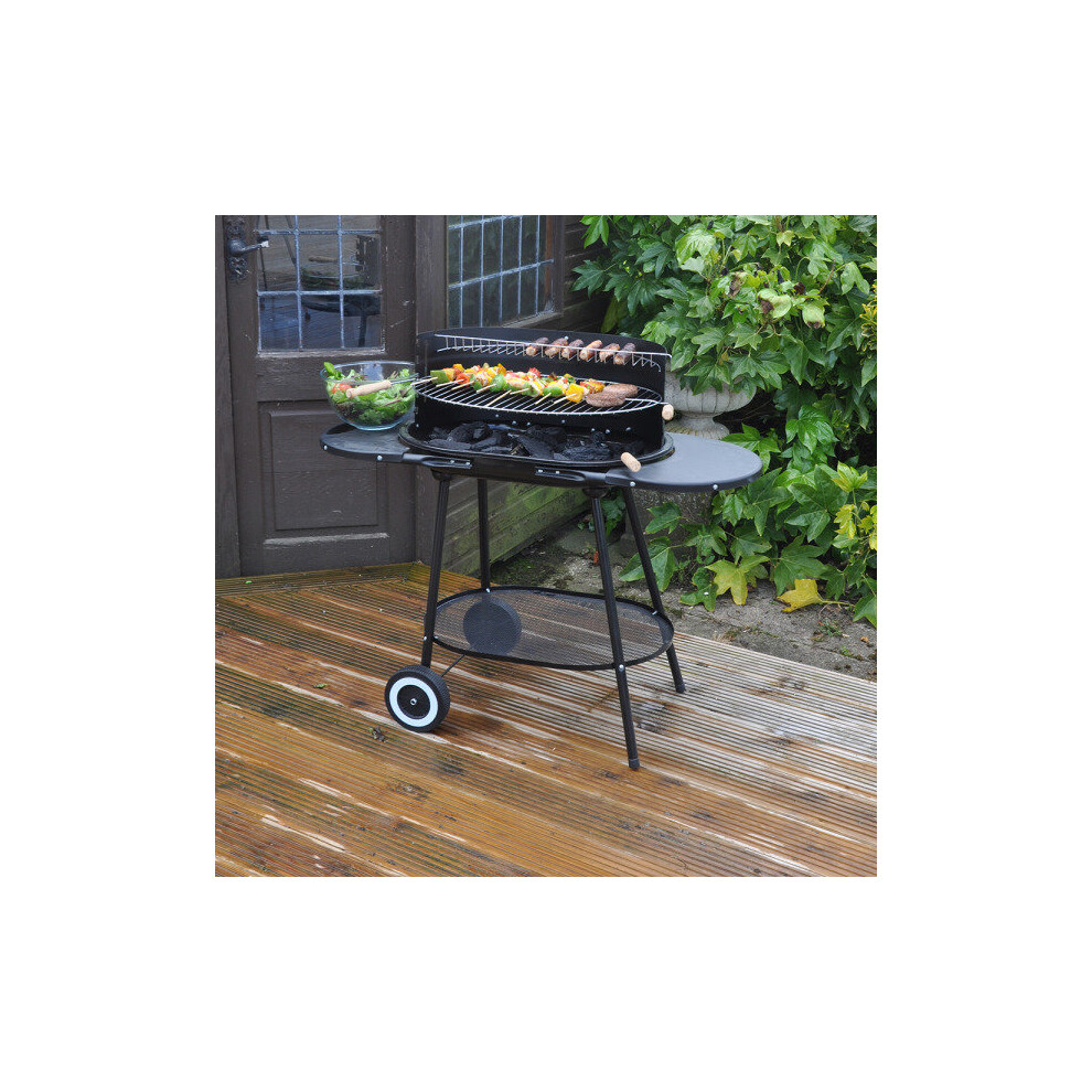 LARGE OVAL CHARCOAL BBQ STEEL TROLLEY GARDEN BARBECUE GRILL SIDE TABLES METAL