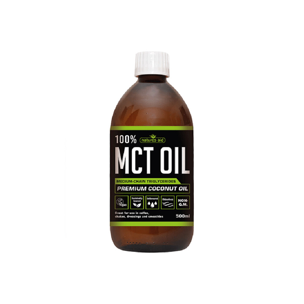Natures Aid 100% MCT Oil from Coconut, Unflavoured, 500ml - Made in UK to GMP standards, Fast-Absorbing Energy for Coffee, Shakes & Smoothies