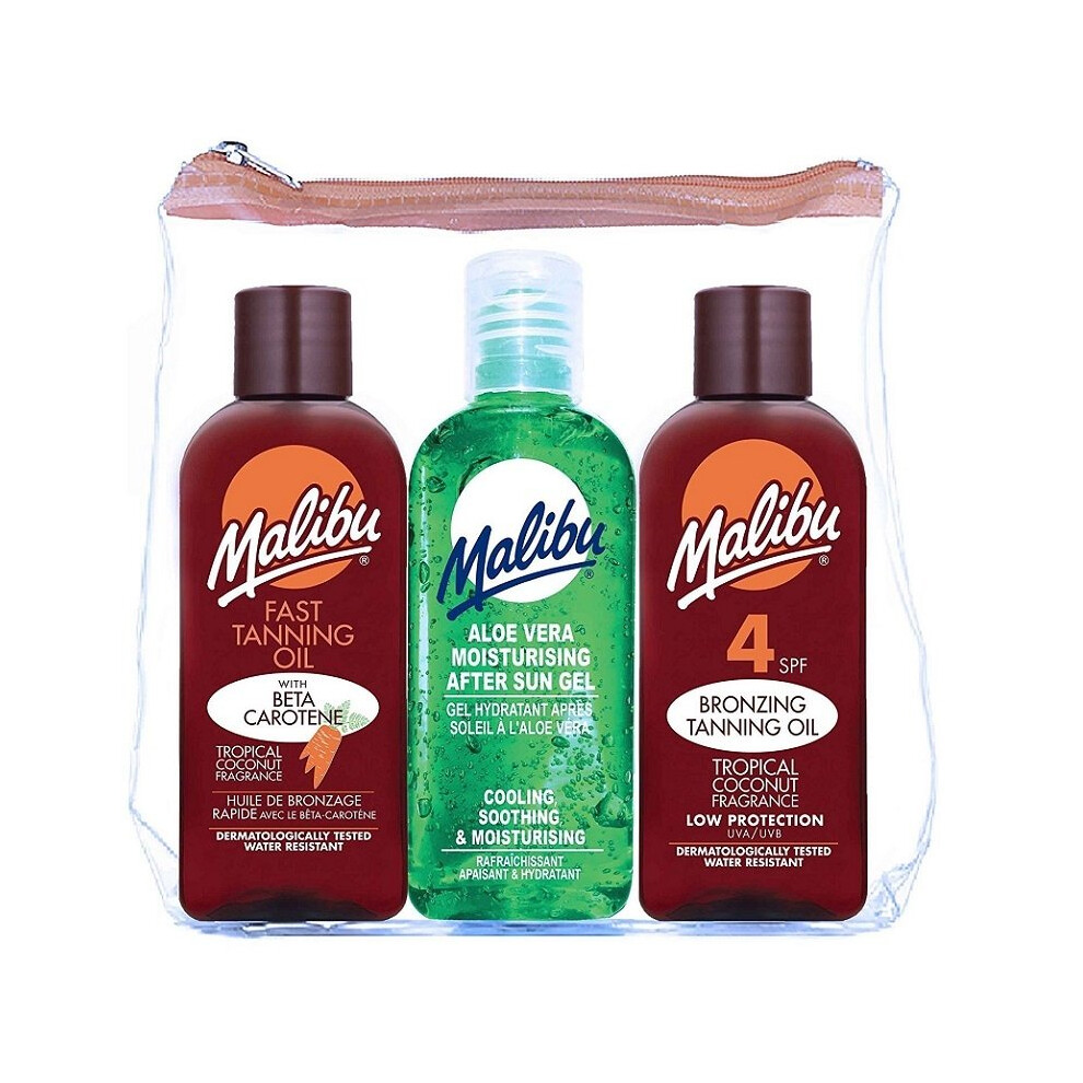 Malibu Fast Tanning Oil SPF4 Bronzing Tanning Oil & Aloe Vera Travel Bag 3 x 100ml