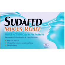 Sudafed Mucus Relief Triple Action 16 Tablets - Paracetamol, Guaifenesin & Phenylephrine for Congestion, Pain & Cough