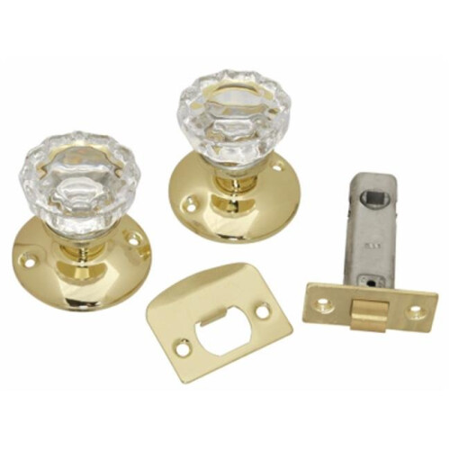 Passage Door Latch Set, Glass Knobs - Polished Brass
