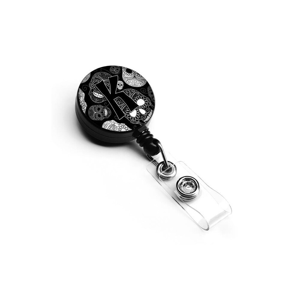 Letter K Day of the Dead Skulls Black Retractable Badge Reel-image-OPC-PW7N9Y-NEW