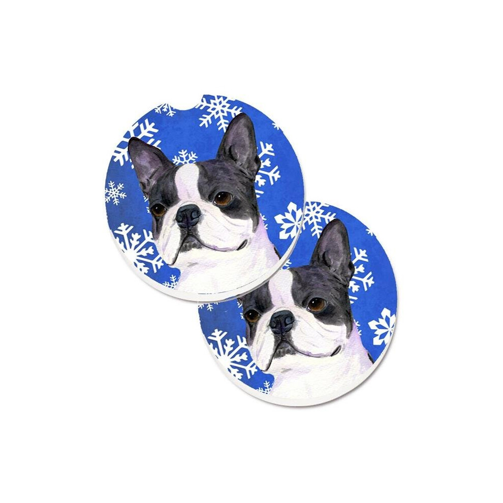 Boston Terrier Winter Snowflakes Holiday Set of 2 Cup Holder Car Coaster-image-OPC-PW8VRW-NEW