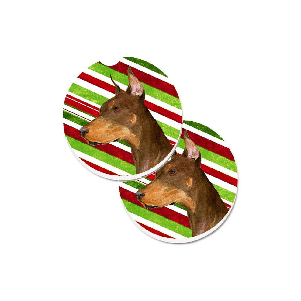 Doberman Candy Cane Holiday Christmas Set Of 2 Cup Holder Car Coaster 652513497640