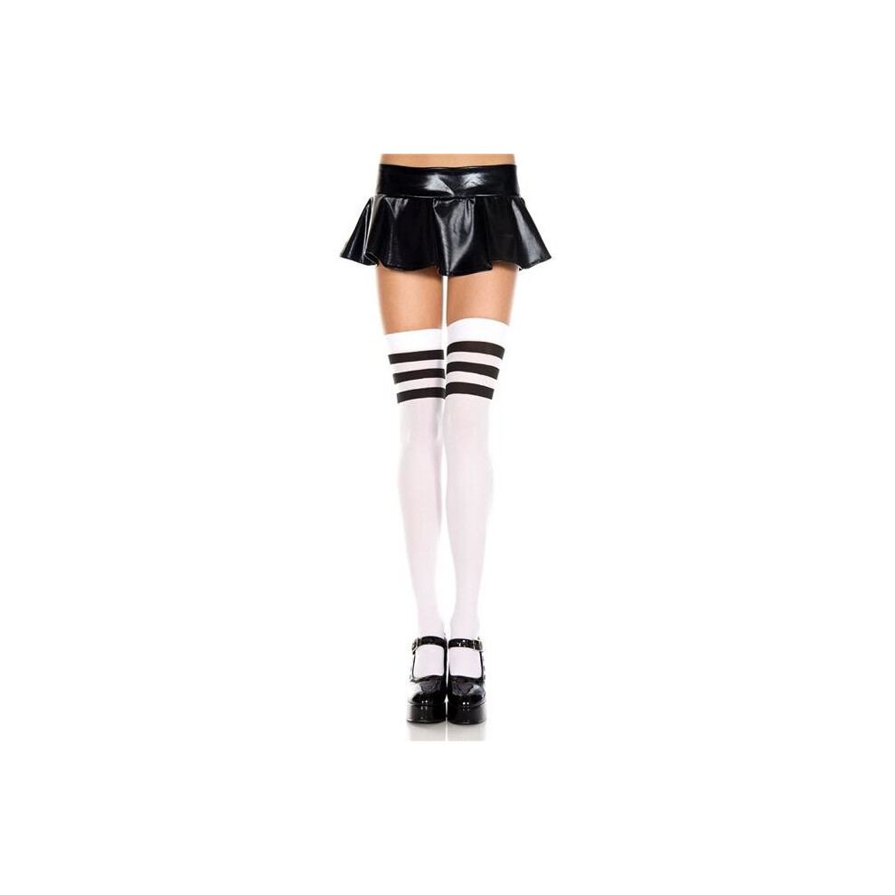 Music Legs White,Black 4860-White-Black Striped Top Opaque Thigh High Stockings, White & Black
