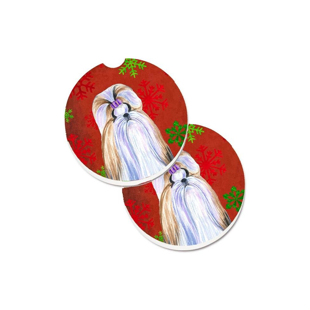 Shih Tzu & Snowflakes Holiday Christmas Set Of 2 Cup Holder Car Coaster Red/Green 652513498173