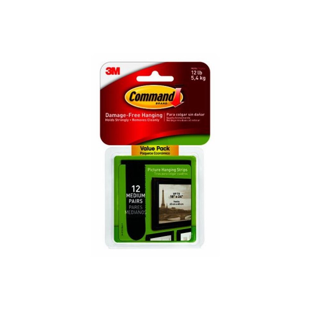 3M 243248 Command Medium Black Picture Hanging Strips, Pack of 12