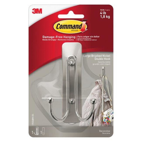 3M 243237 Metal Double Hook with Strips - Brushed Nickel, Large