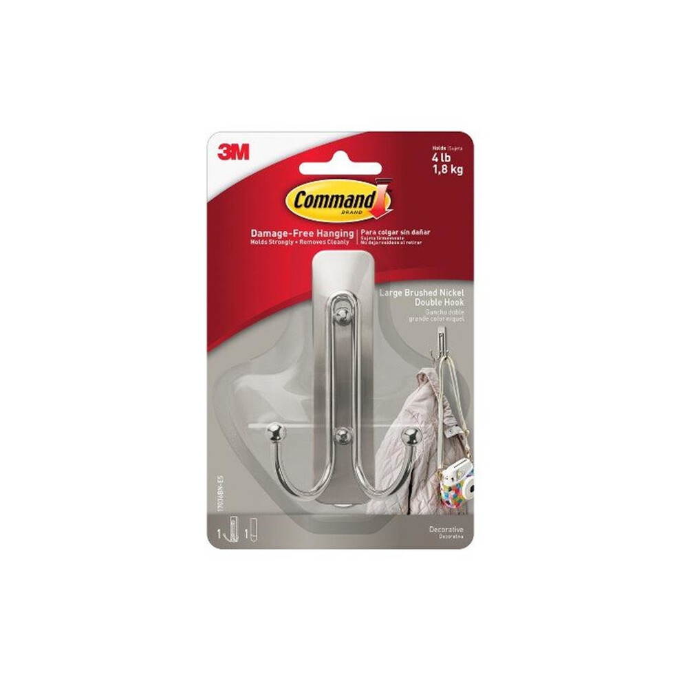 3M 243237 Metal Double Hook with Strips - Brushed Nickel, Large