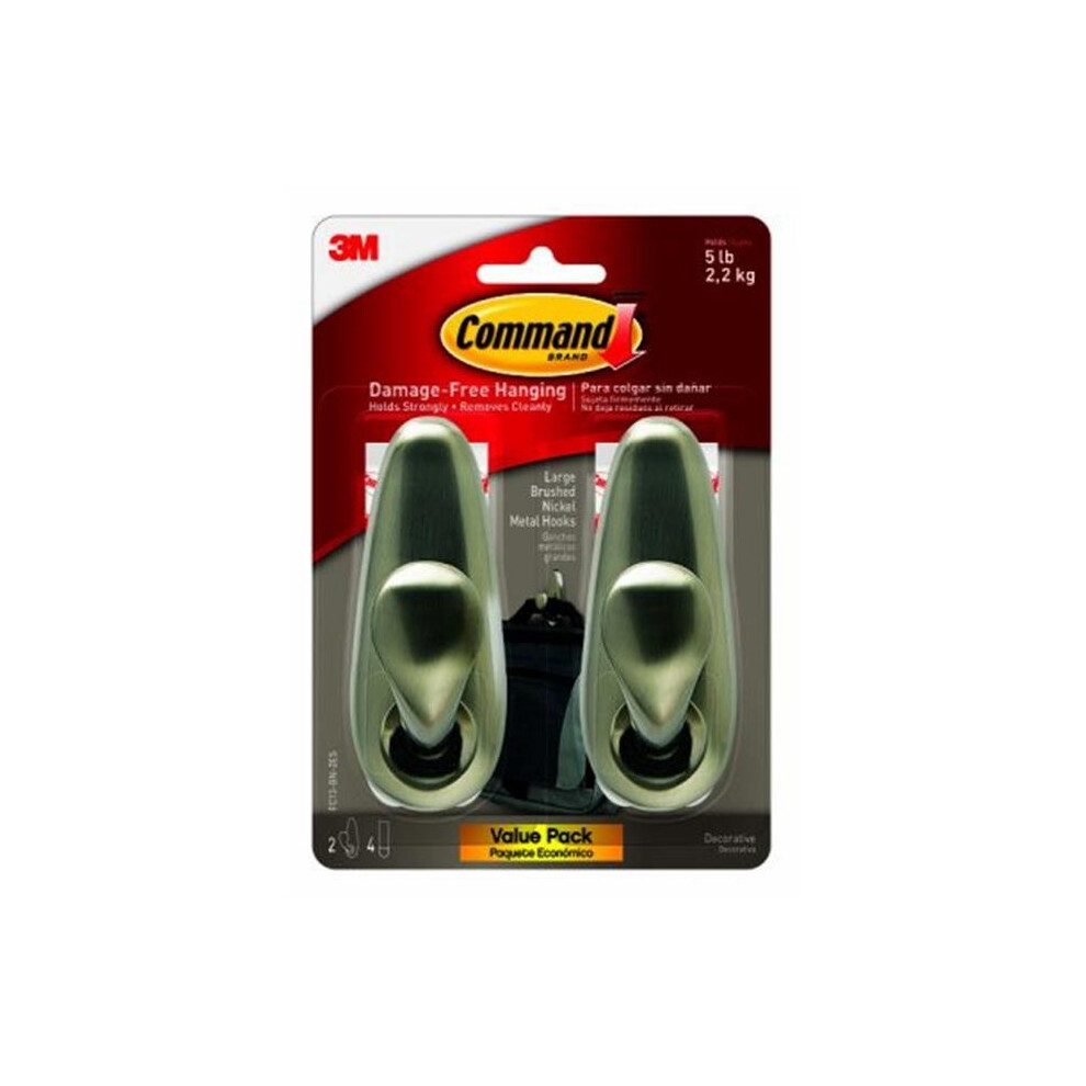 3M 243251 Metal Classic Hooks - Brushed Nickel, Large & Pack of 2