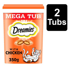 DREAMIES Cat Treats with Chicken 2x350g MegaTub (373422) - Dual-Texture, Low-Calorie Treats for Adult Cats