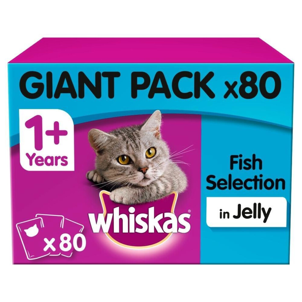 WHISKAS 1+ Cat Pouches Fish Selection In Jelly 80x100g Giant Pack