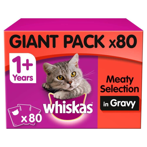 Whiskas 80pc Whiskas 1+ Cat Food Pouches Meat Selection In Gravy