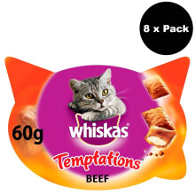 WHISKAS Temptations Cat Treats With Beef 8x60g - Crunchy Outside, Soft Centre, Under 2 kcal per Treat - 176310