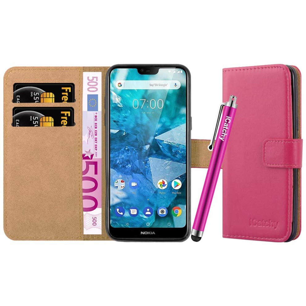 (Pink) For Nokia 7.1 Premium Leather Wallet Flip Case Pink 5060566919661
